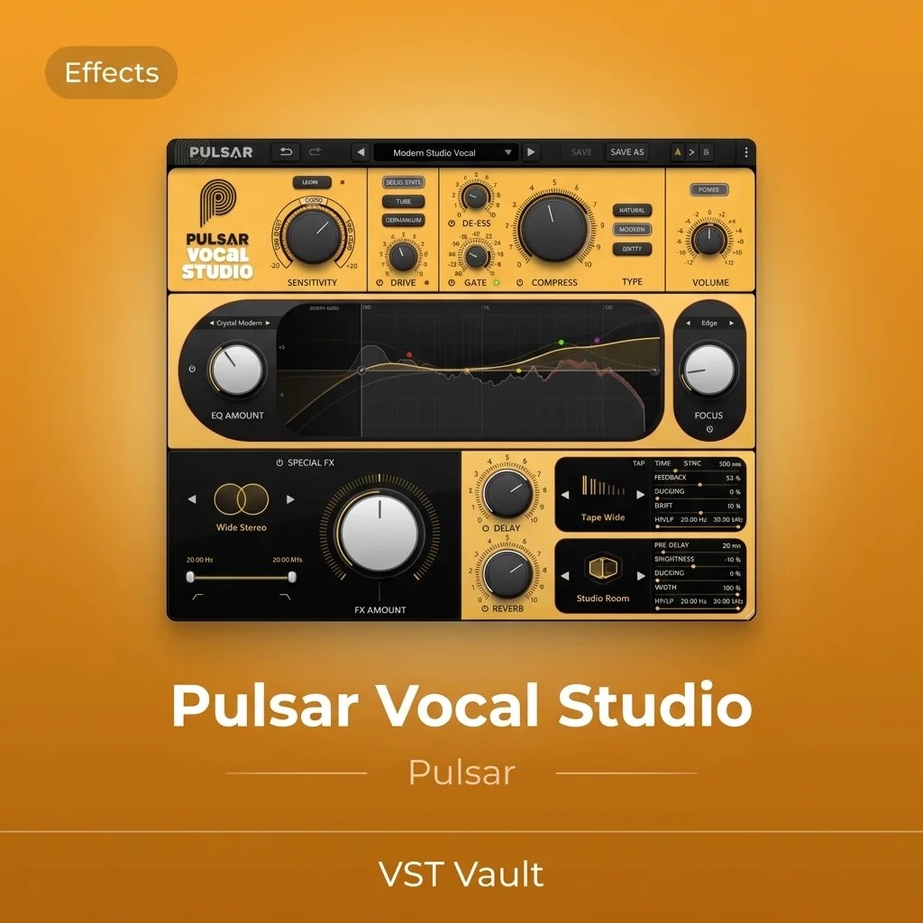 Pulsar Vocal Studio all-in-one vocal chain plugin interface with EQ and effects sections