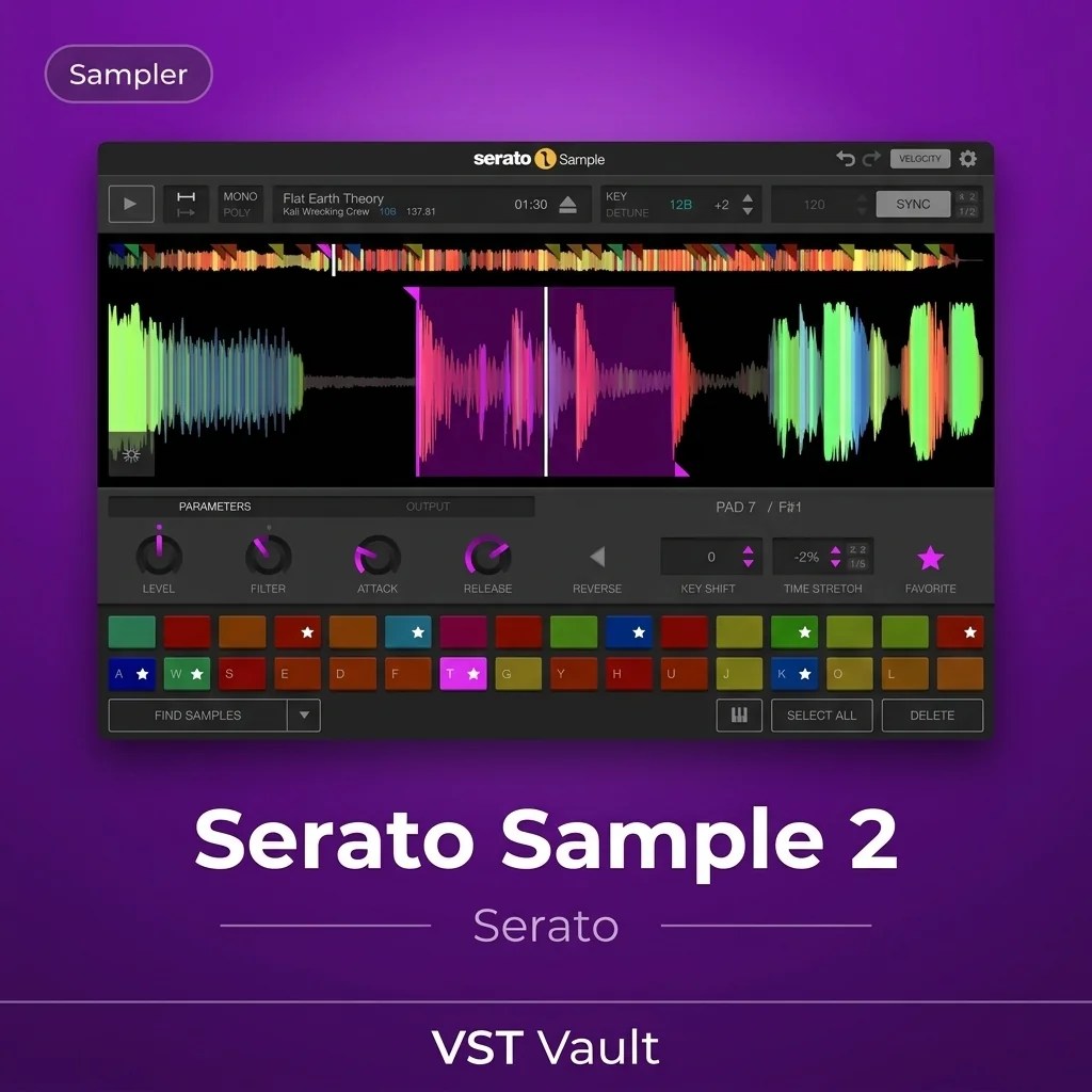 Serato Sample 2 Serato Sample 2 sampler plugin interface with pad grid on VST Vault product card