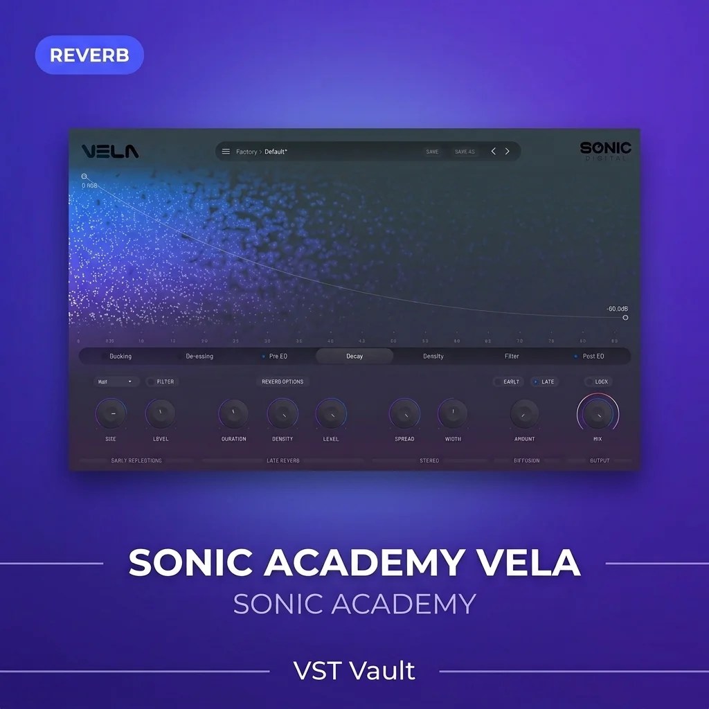 Sonic Academy Vela reverb plugin interface on VST Vault product card