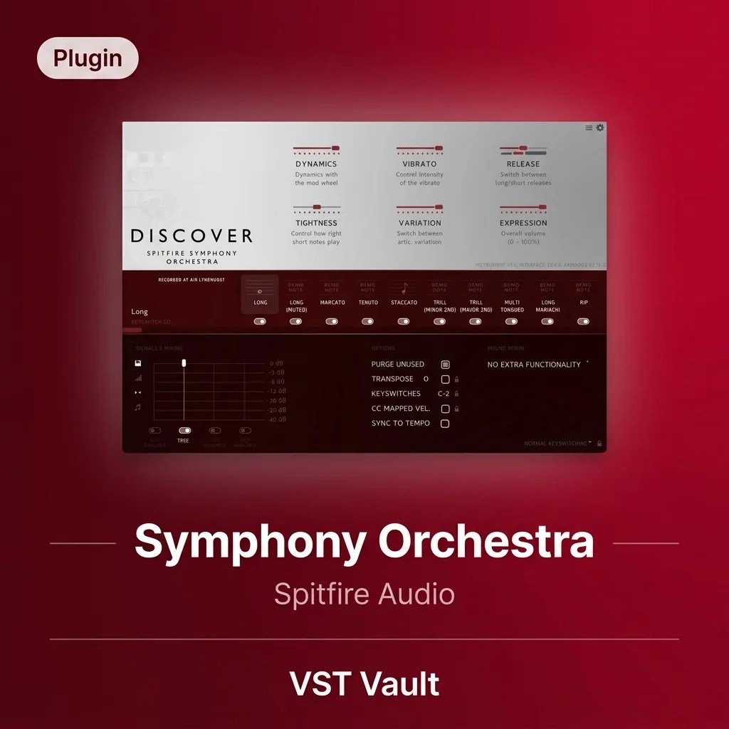 Spitfire Audio Symphony Orchestra sample library product card with orchestral instrument interface