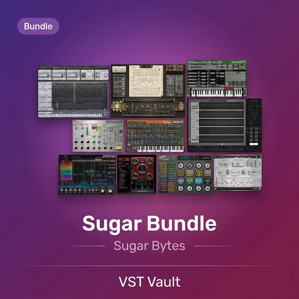 Sugar Bytes Sugar Bundle product card with creative effect and instrument plugin interfaces
