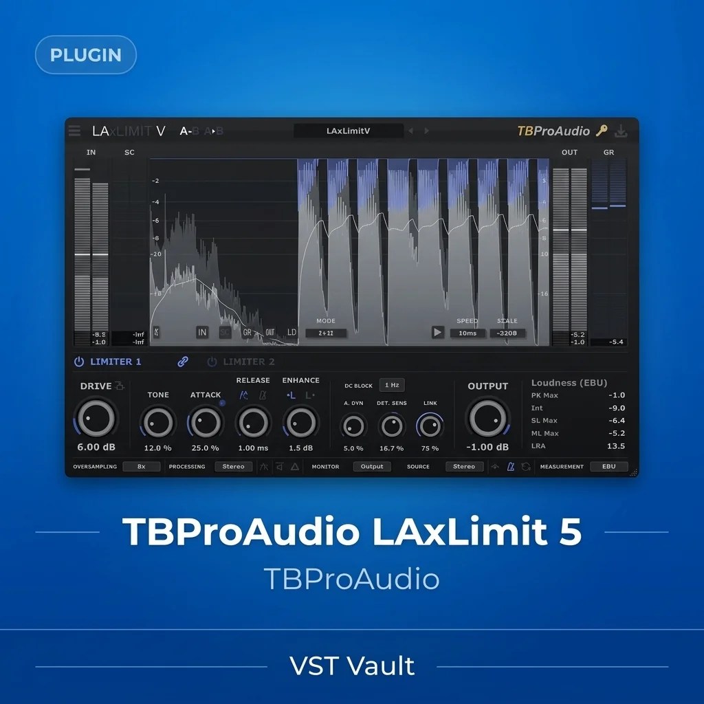 TBProAudio LAxLimit 5 mastering limiter plugin interface on VST Vault product card