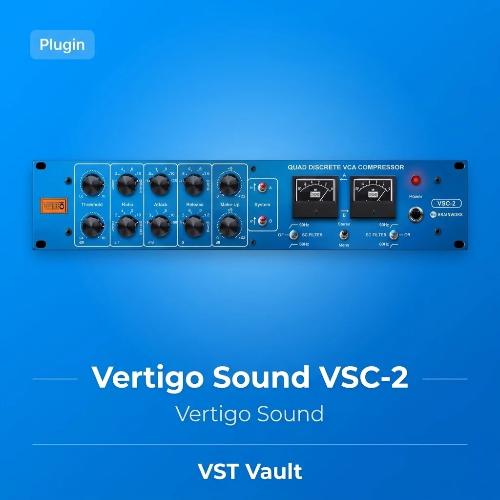 Vertigo Sound VSC-2 VCA compressor plugin interface on VST Vault product card