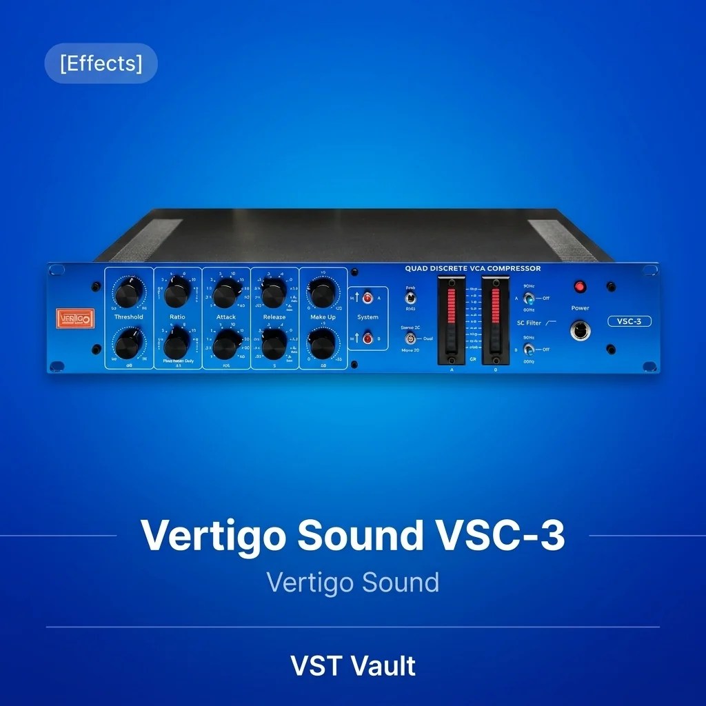 Vertigo Sound VSC-3 VCA compressor plugin interface on VST Vault product card