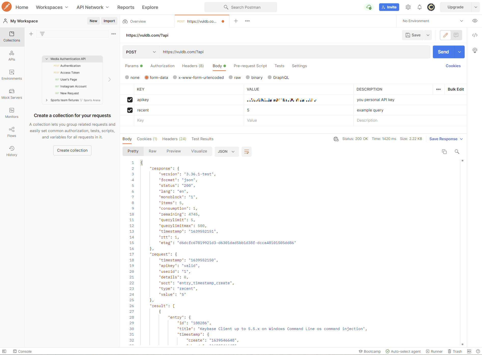 It responds with a 401 “message”: Api
