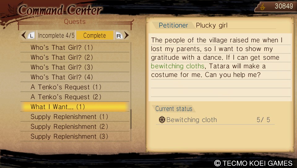 Toukiden Quest [What I Want… 1]: Finding bewitching cloths