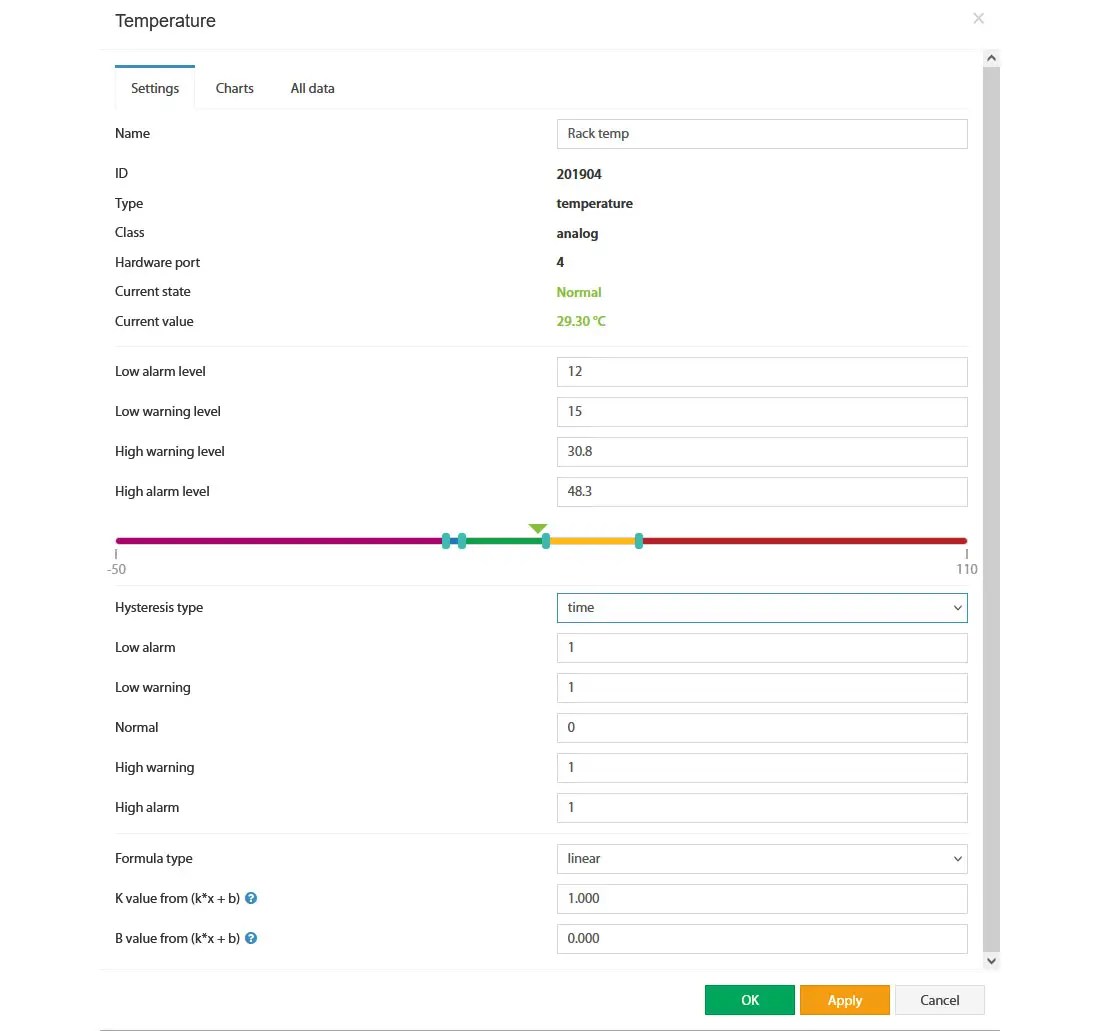 Analog sensor settings thresholds monitor environment settings UI Web Interface
