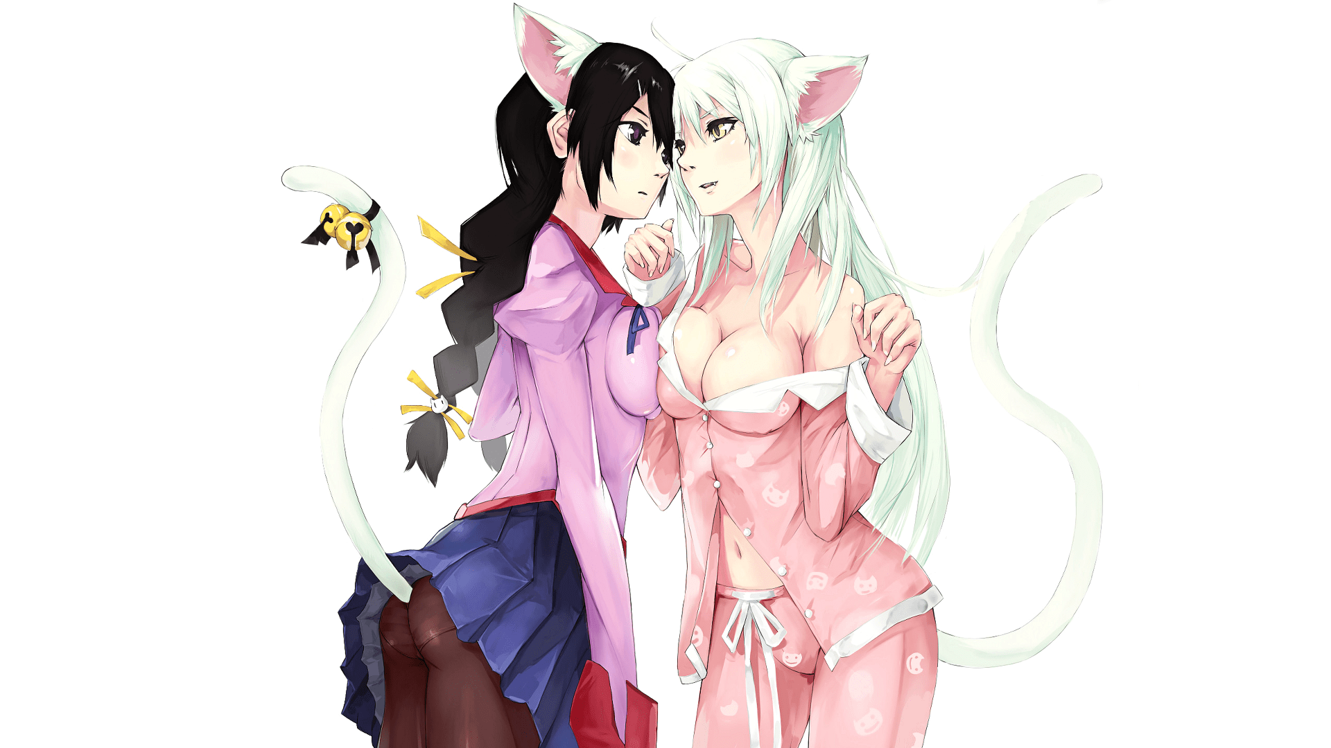 Many people do not know that kanbaru hides an oddity in the form of a sentient left arm. Cat Girl Boobs Big Boobs Ass Hanekawa Tsubasa Monogatari Series Sawarineko Neko Hanekawa Anime Girls Anime Black Hair Simple Background White Background Cyan Hair Animal Ears Tail 1920x1080 Wallpaper Wallhaven Cc