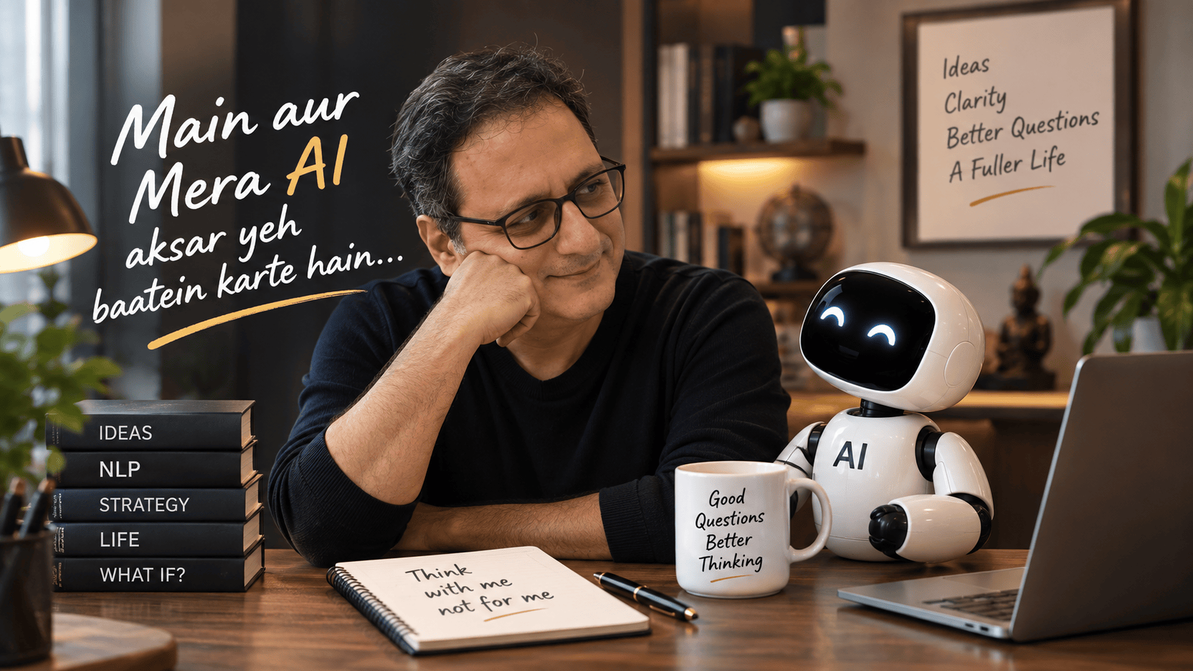 Dr Mehernosh Randeria in conversation with a friendly AI robot, illustrating AI as a thinking partner
