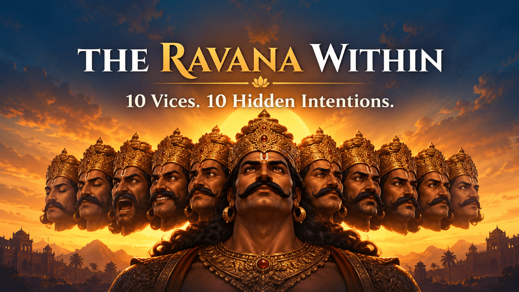 The Ravana Within: ten-headed Ravana against a sunset, with the words 10 Vices. 10 Hidden Intentions.