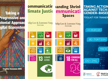 Collage with covers of 4 resources on communication justice published by WACC