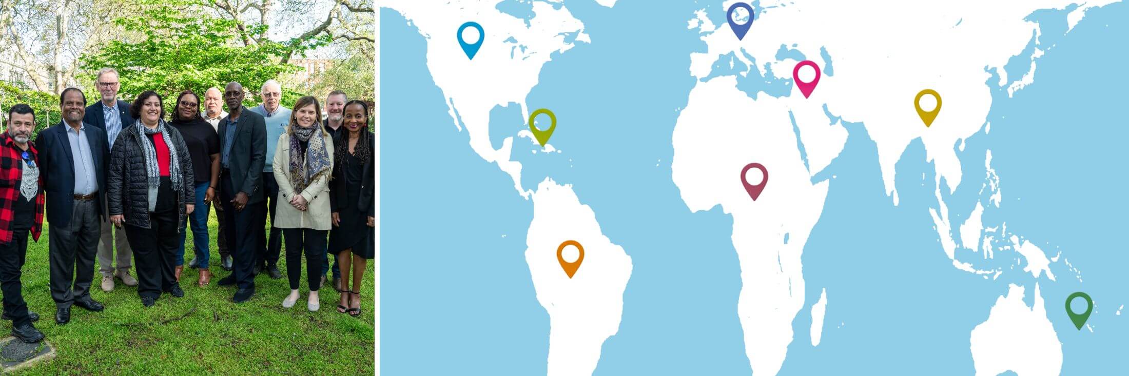 Collage: A diverse group of people pose for a photo in a park. World map with silhouettes of land masses and colourful pins for each of WACC's eight regions