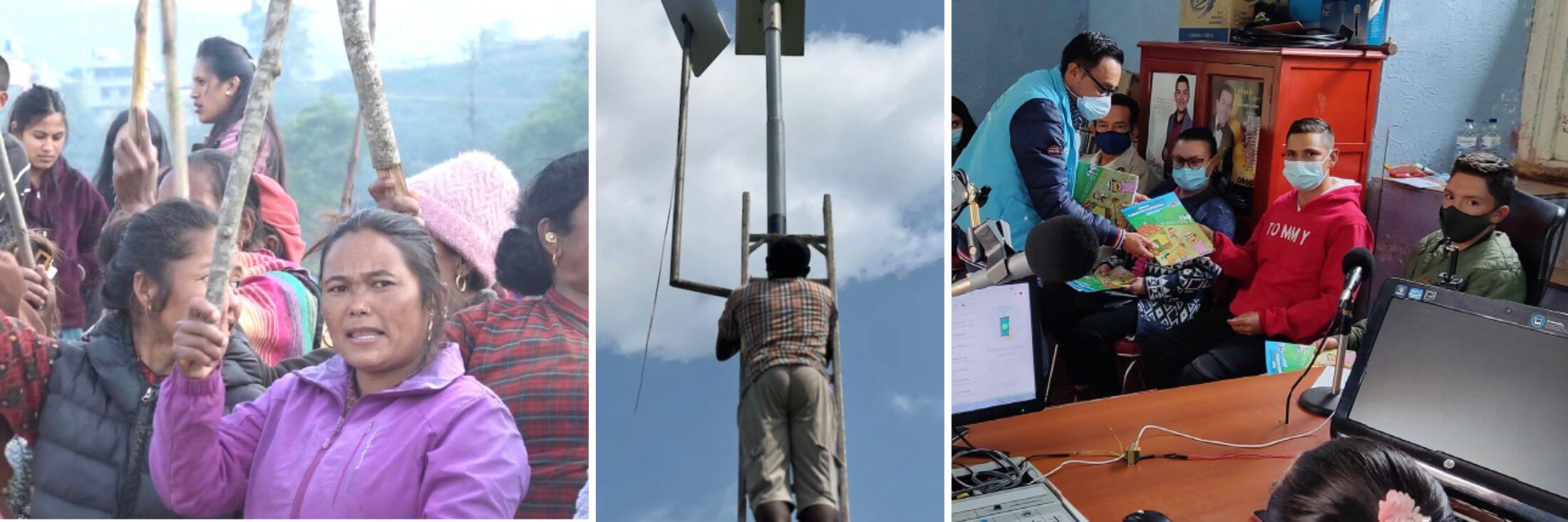 Collage with Nepalese women at a protest, a man installing tech equipment on a pole outside, and children in a classroom with community radio equipment