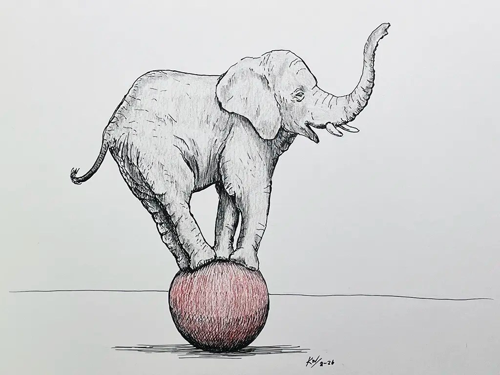 Elephant balanced on a red ball illustration in pen and ink with colored pencil by artist Ken Wagstaff.