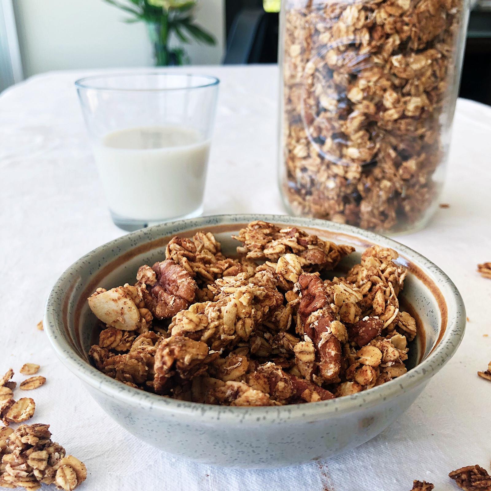 Cinnamon bun granola with clusters.