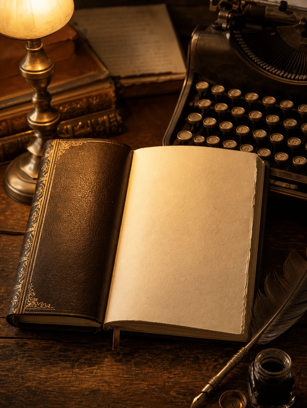 Handwritten journal notes and a leather-bound book on a wooden table