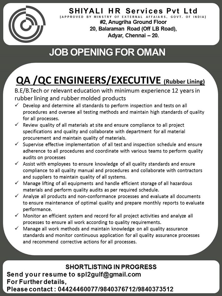 Qa Qc Engineer Executive Opening For Oman
