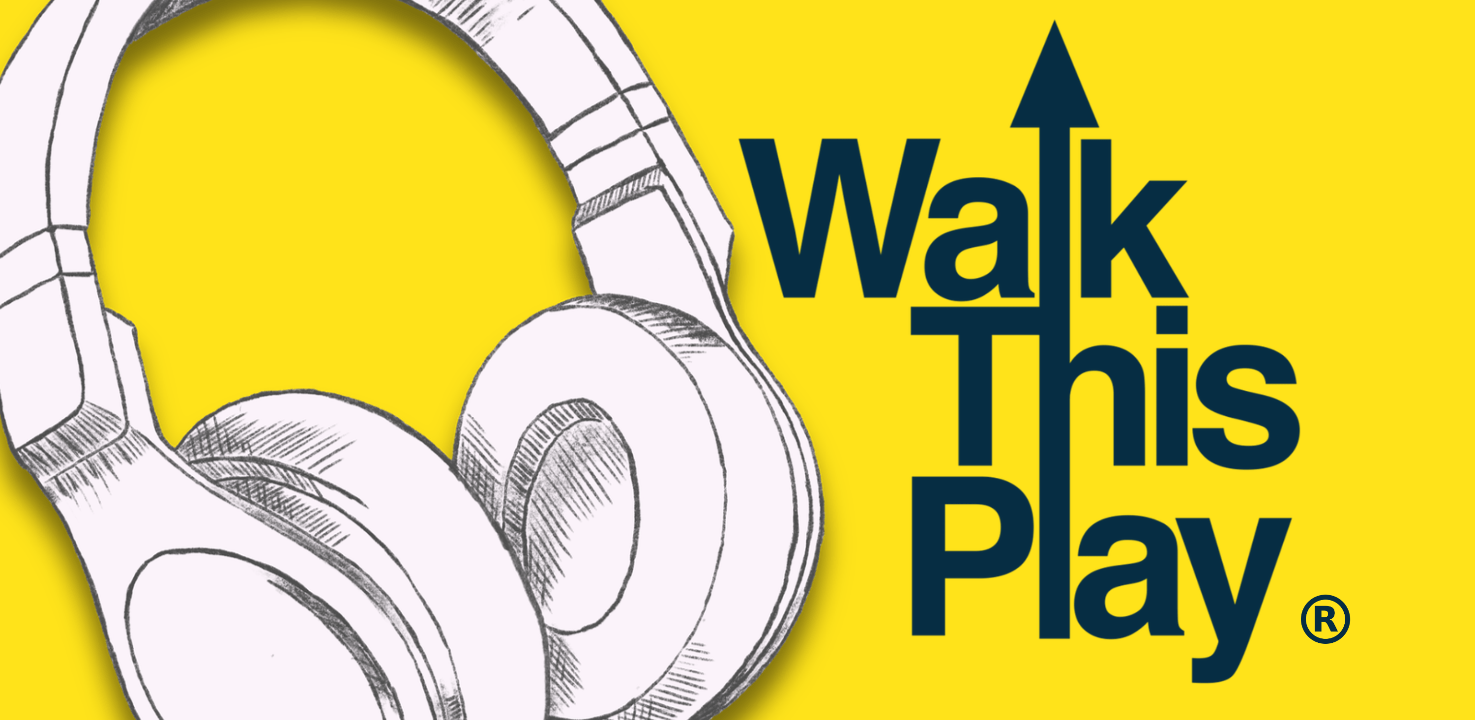 A pair of headphones on a yellow background with the words 'Walk This Play'