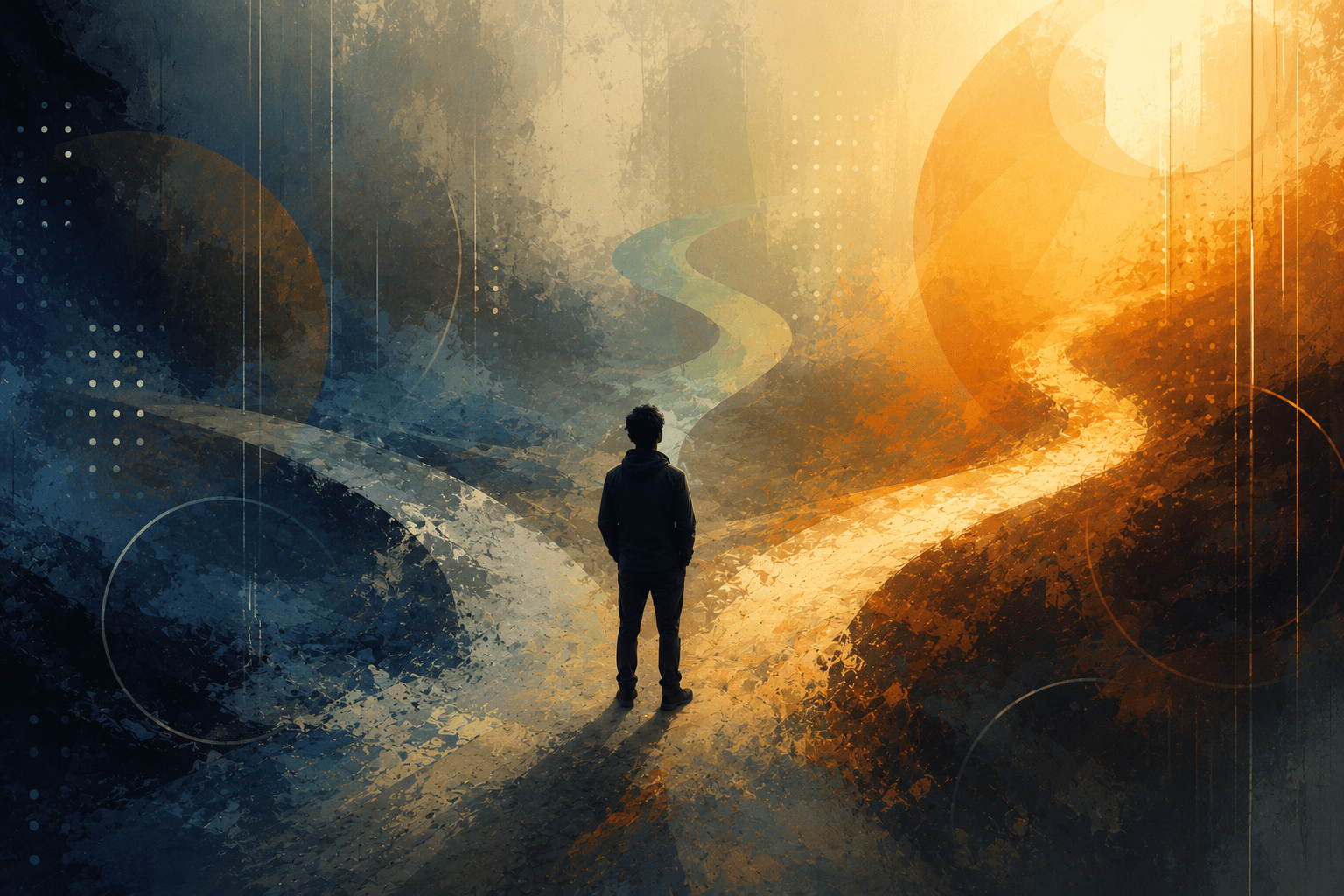 Abstract illustration of a person standing before several blurred, branching pathways symbolizing ethical decisions and professional boundaries in peer support.