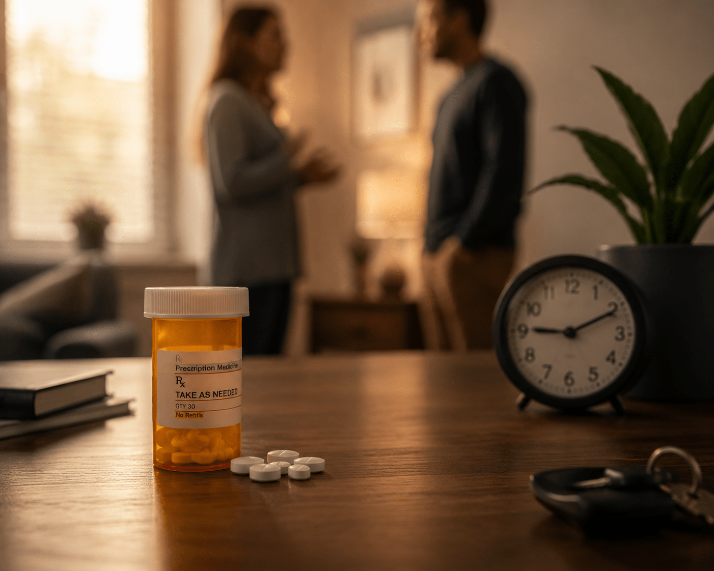 Prescription medication bottle and clock on a table in the foreground with two people having a conversation in the background, representing time, connection, and creating safety during moments of crisis.