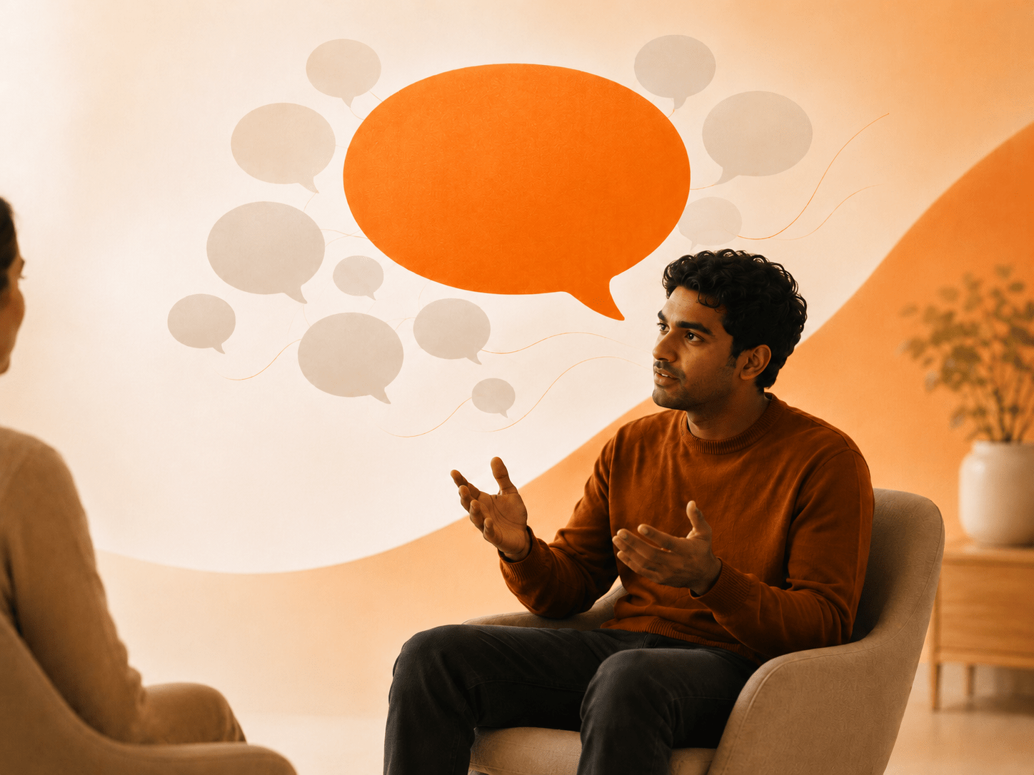 A man speaks as one orange speech bubble stands out among smaller gray bubbles.