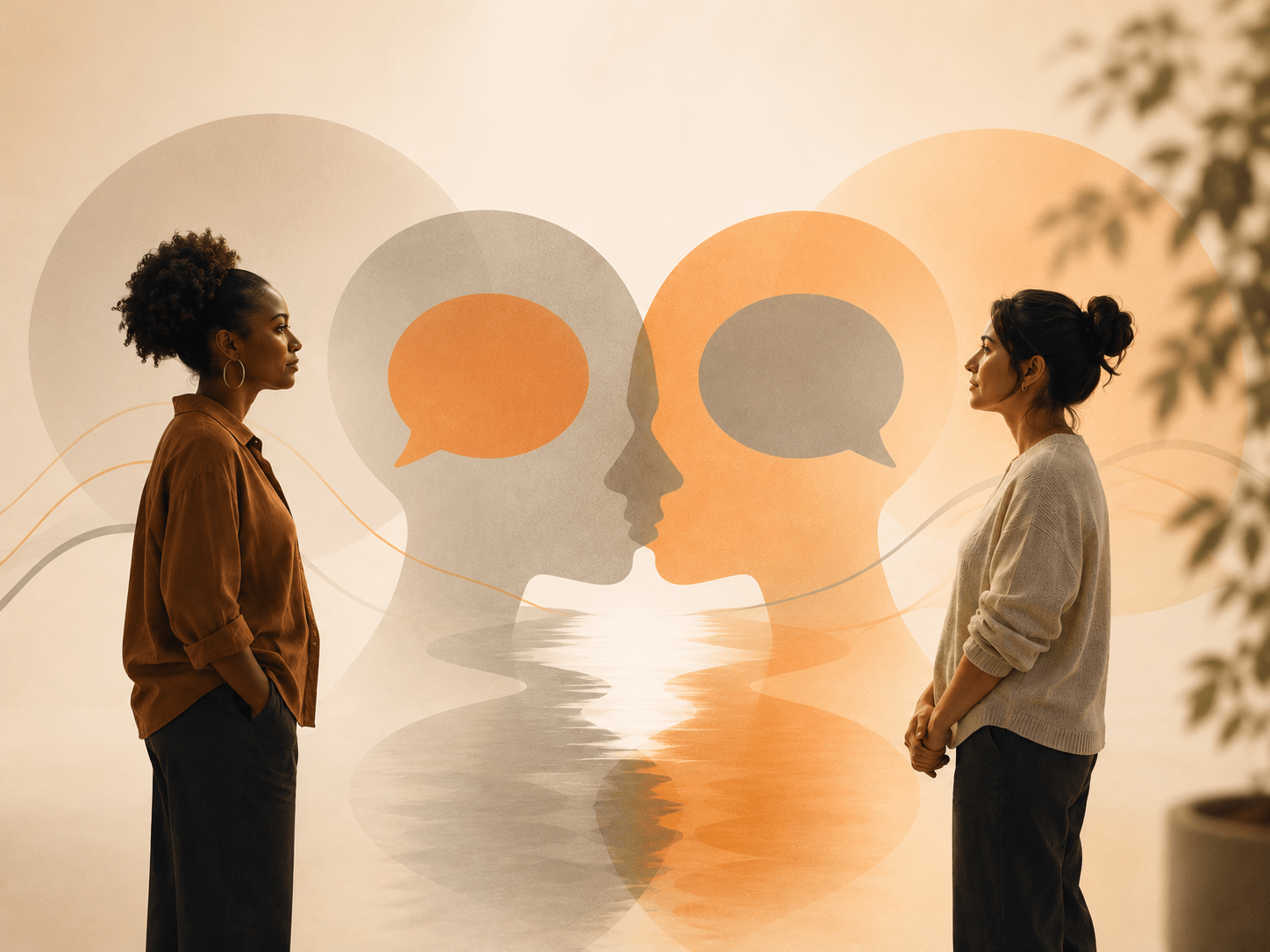 Two women face one another as mirrored gray and orange profiles hold contrasting speech bubbles.