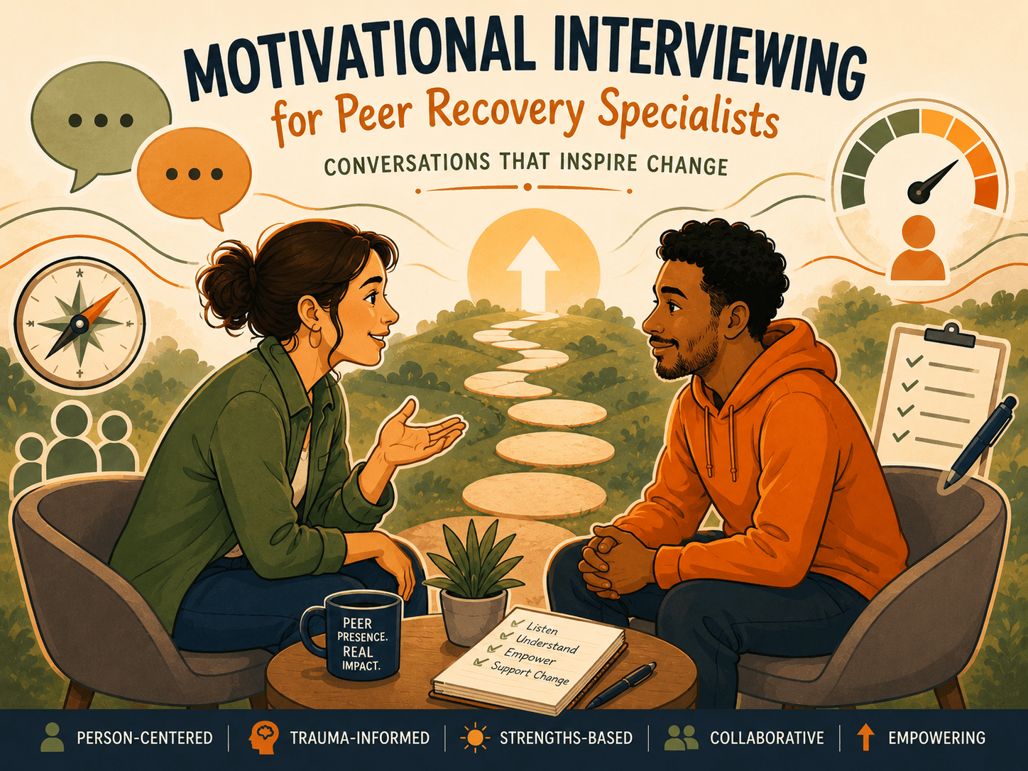 Two people practice Motivational Interviewing amid symbols of listening, planning, confidence, and movement toward change.