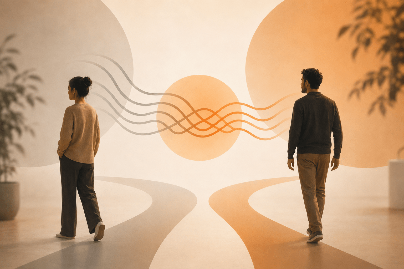 Two people walk on separate paths as gray and orange lines weave together between them.