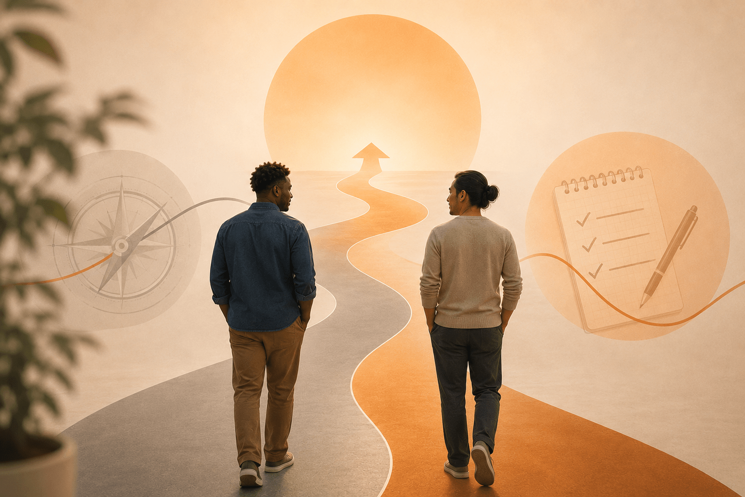Two men walk along a winding path toward a bright horizon, with a compass and checklist symbolizing planning and direction.