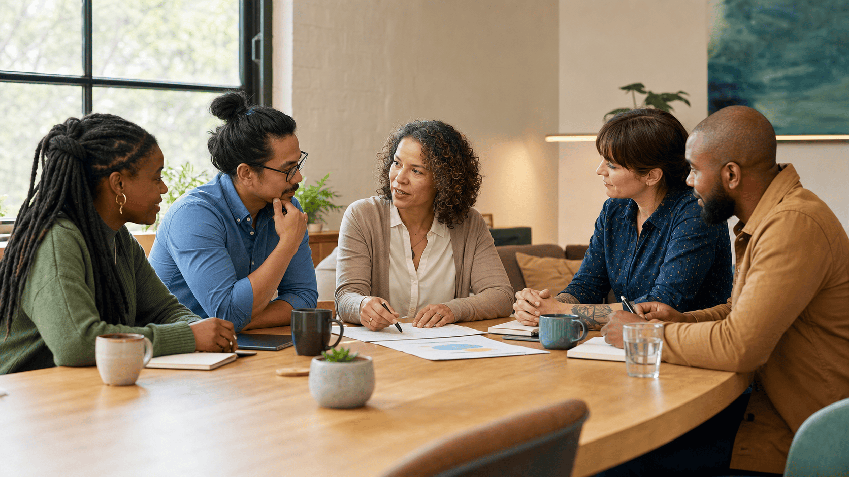 Five behavioral health and social service professionals collaborate around a table in a community-based meeting space.