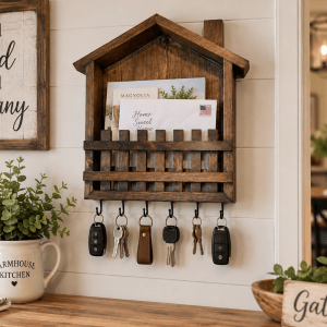 Mail Key Organizer, Rustic Wood Wall Holder with Six Hooks