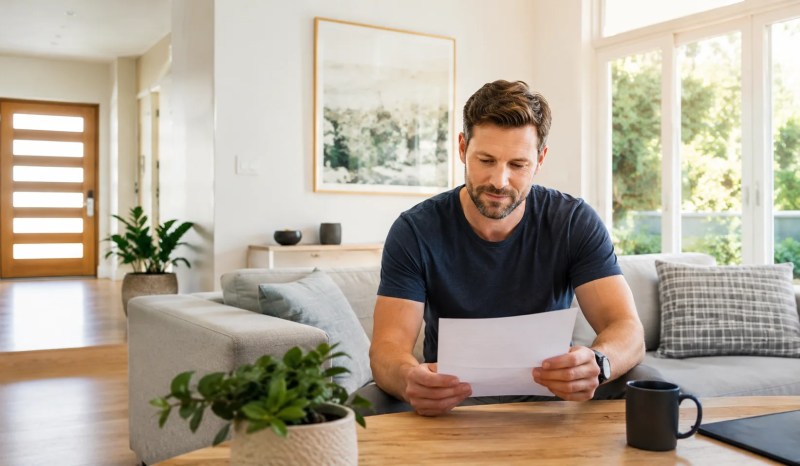 Clean modern Australian home interior with a homeowner completing a simple maintenance checklist.