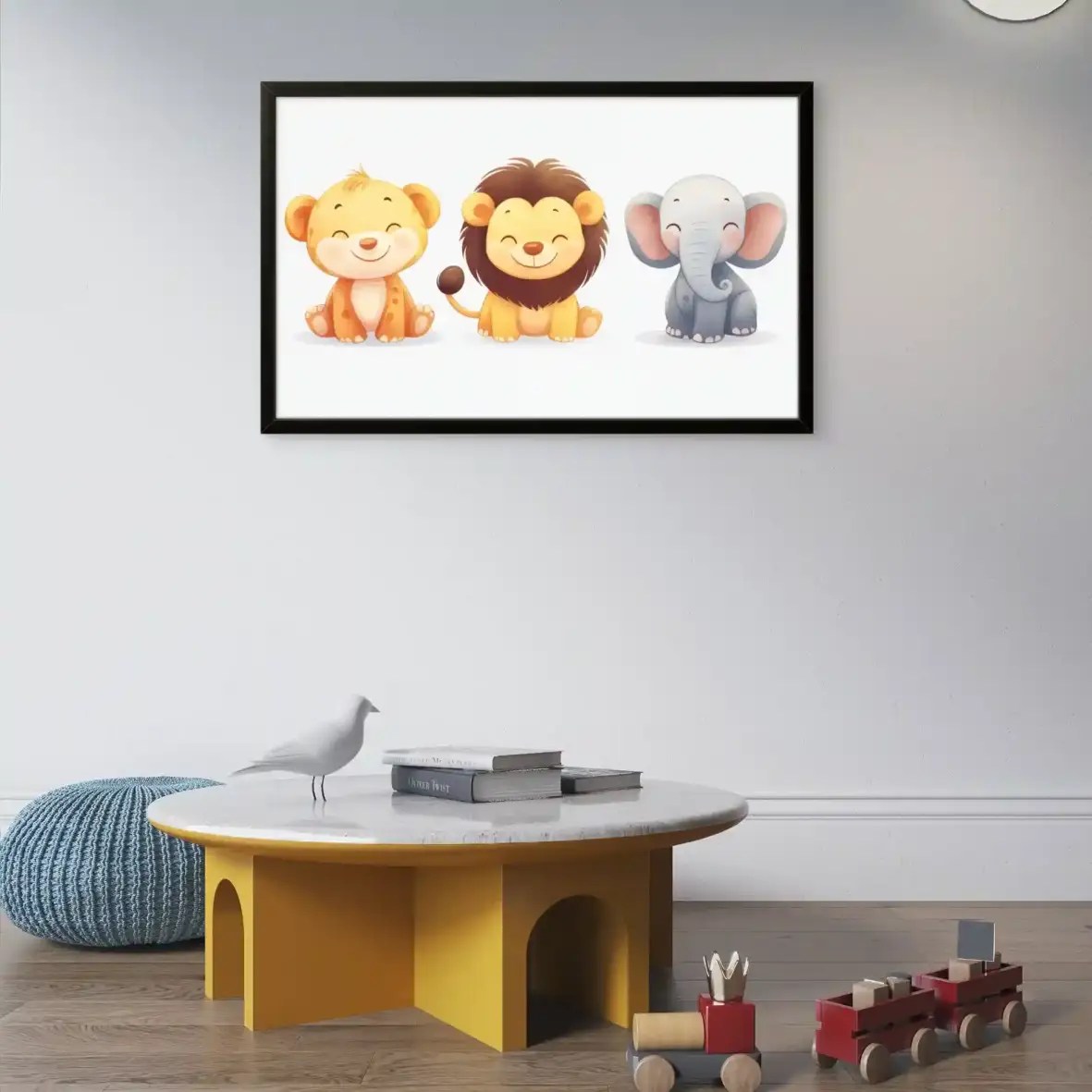 "The Jungle Trio" Abstract Wildlife Art Cute Lion, Tiger, and Elephant in Crimson Forest