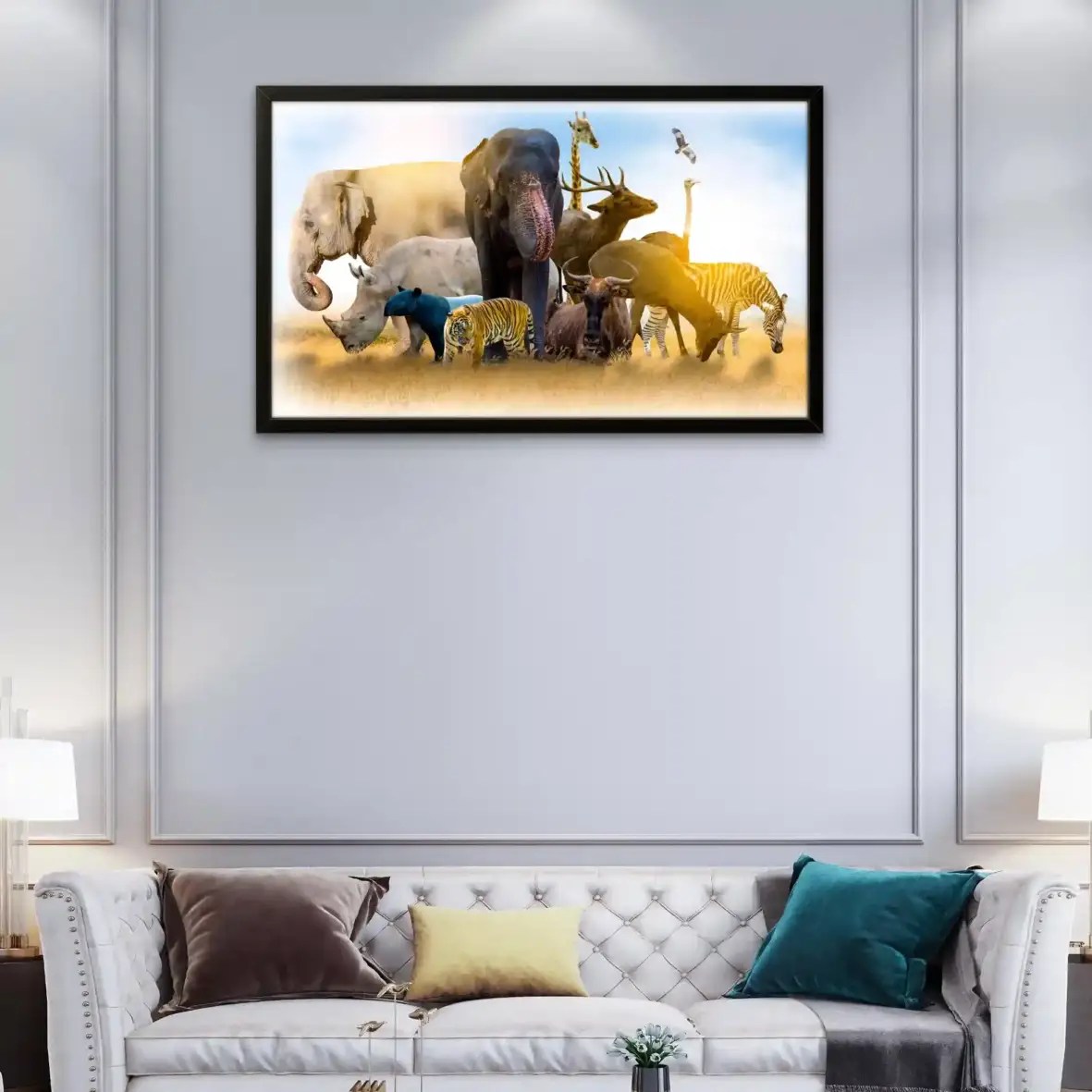 "The Great Council" Surreal Art Suited Lion, Sheep, Stag, and Gorilla in Multi-Color Abstract