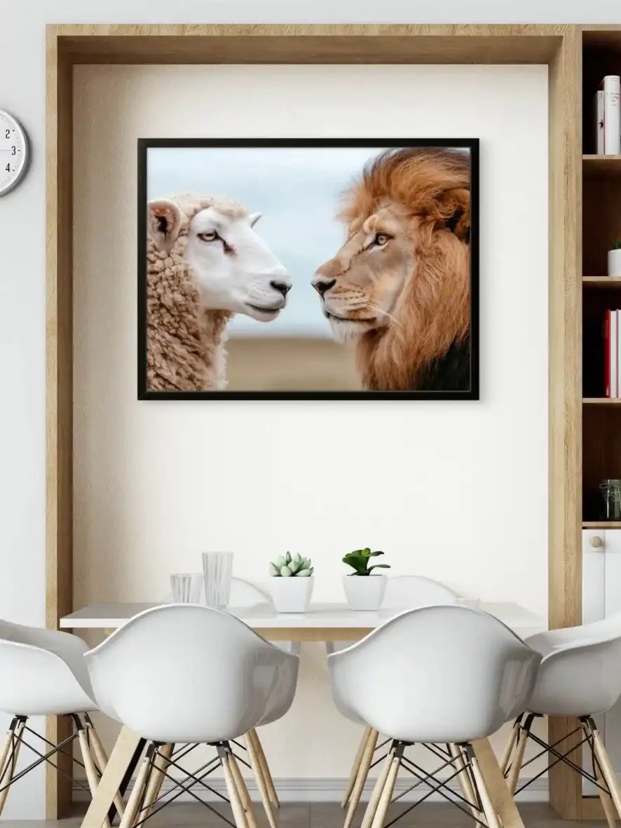 "The Lion and The Lamb" Symbolic Wall Art Crimson Abstract Lion Facing a Sheep