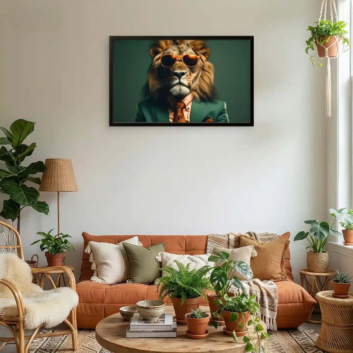 "The Suited King's Lead" Surreal Wildlife Art Sage Abstract Lion in a Suit Leading Deer