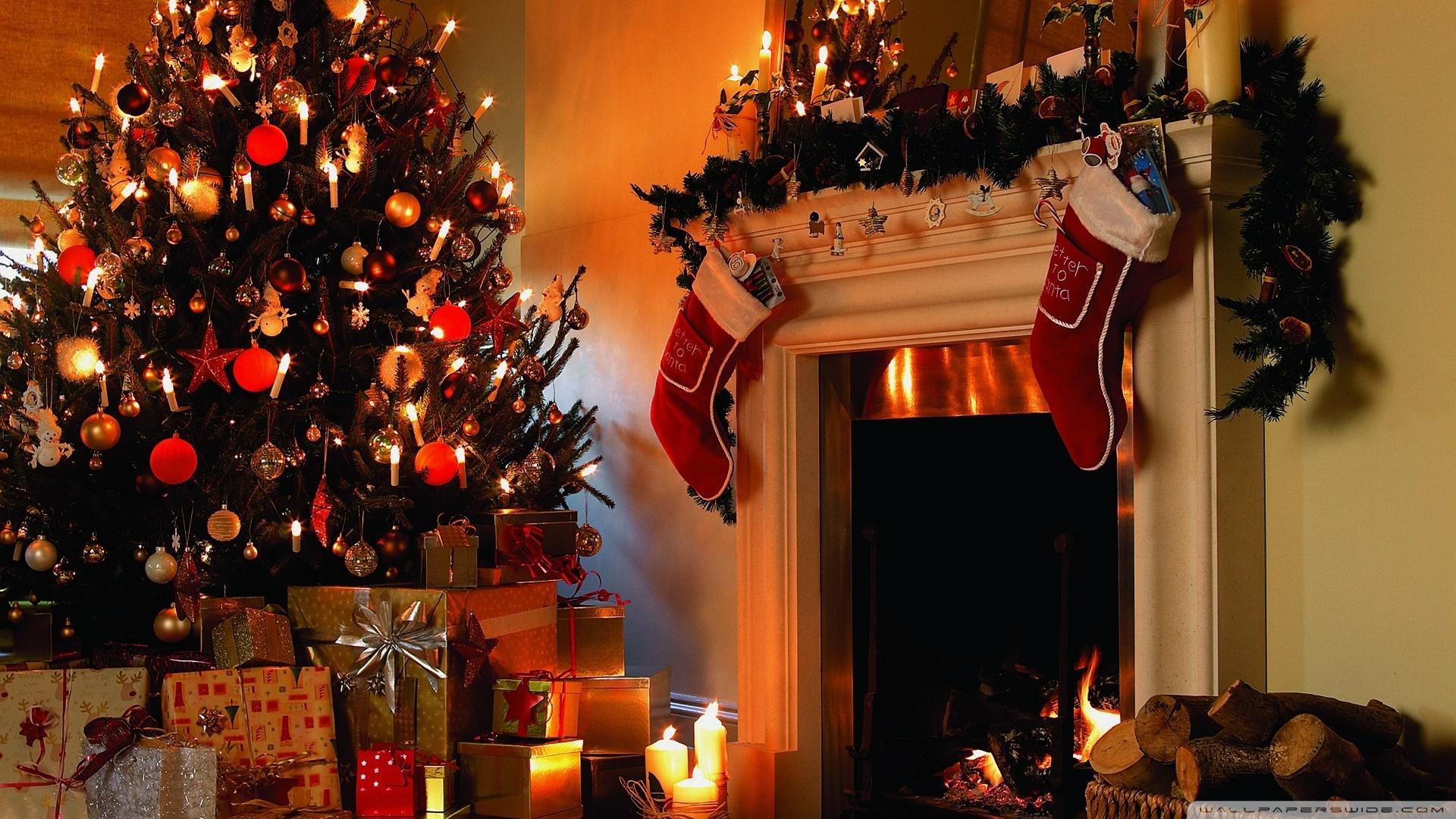 Christmas Tree Close Up On Burning Fireplace Background Stock Photo By Rawf8