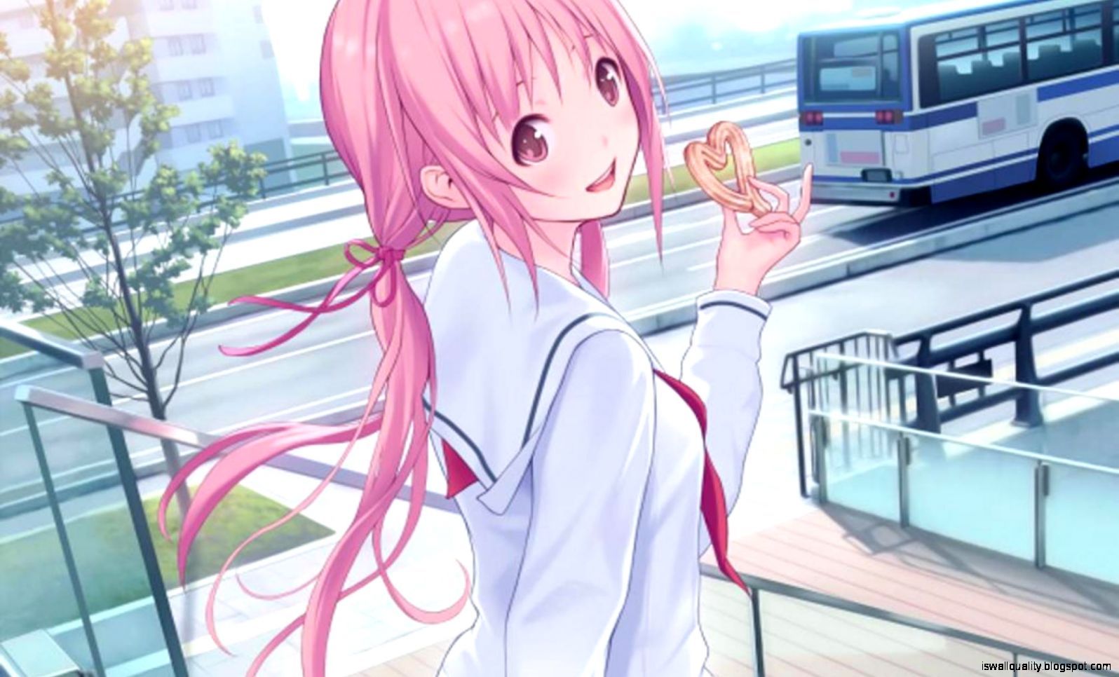 pink hair pink eyes short hair pink shirt cute anime girl ...