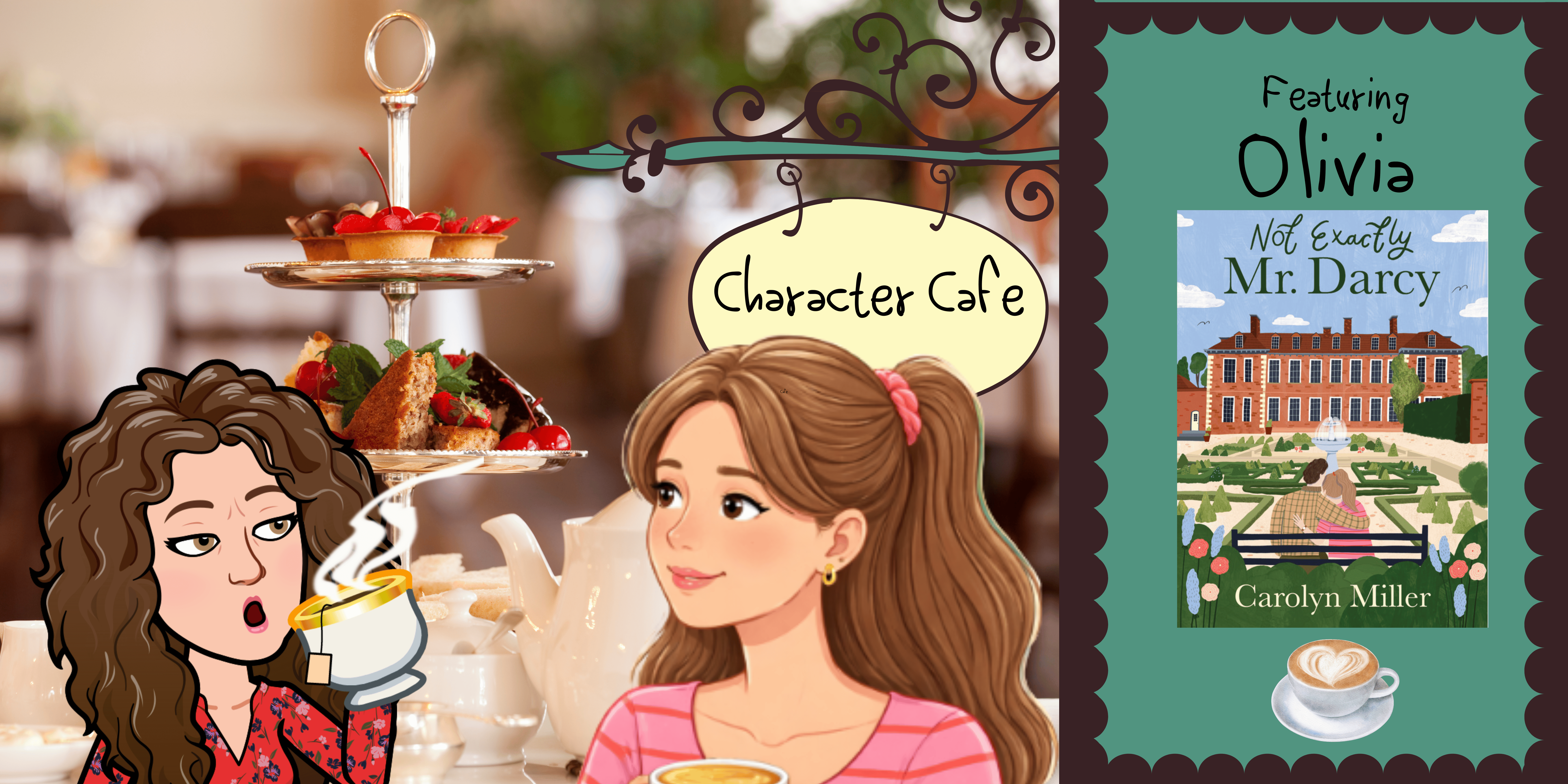 Amy talking to a book character at a cafe
