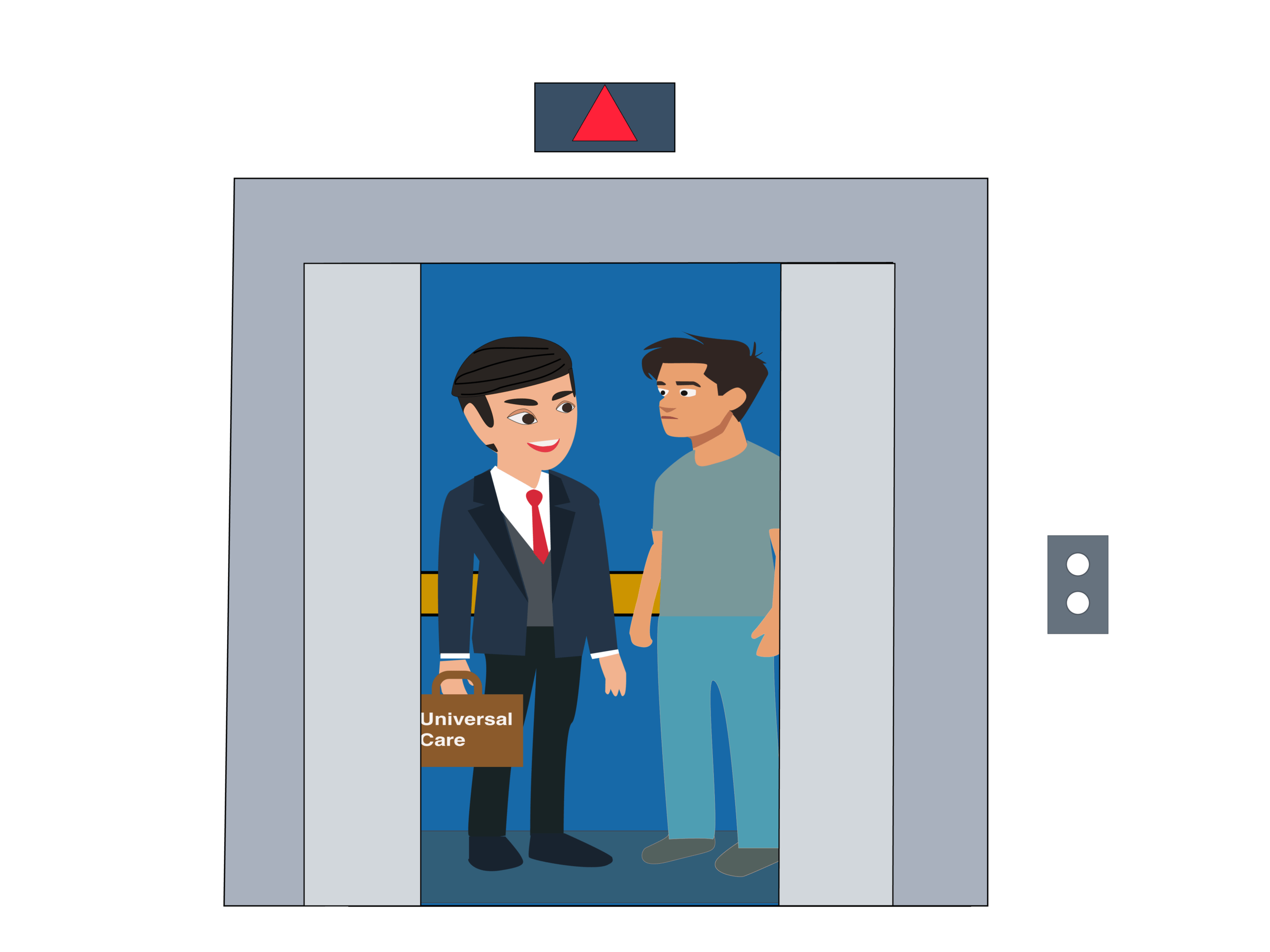 Illustration of two men riding in an elevator. One man, dressed in a suit, carries a briefcase labeled “Universal Care” as he gives his elevator speech to the other passenger.