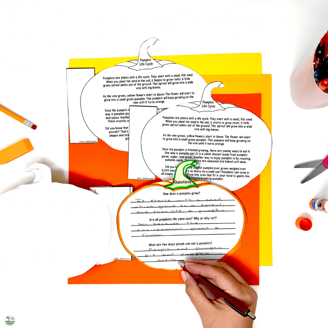 Pumpkin activities for upper elementary reading passage and question picture