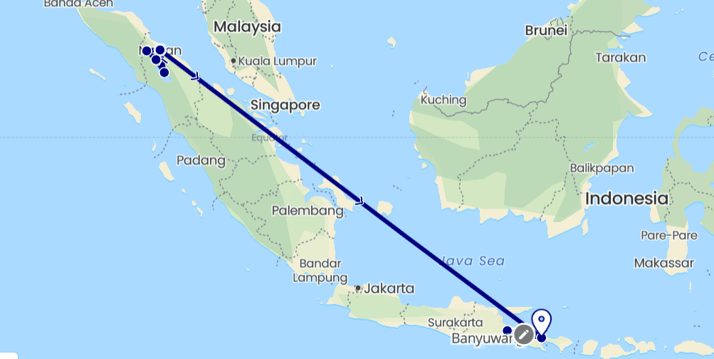 Map Indonesia itinerary 2 weeks Sumatra + Java