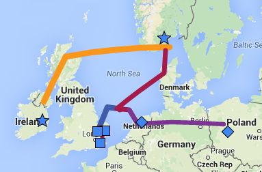 map of migration from Norway to Ireland then through Denmark to England and Belgium and from Belgium to Poland.