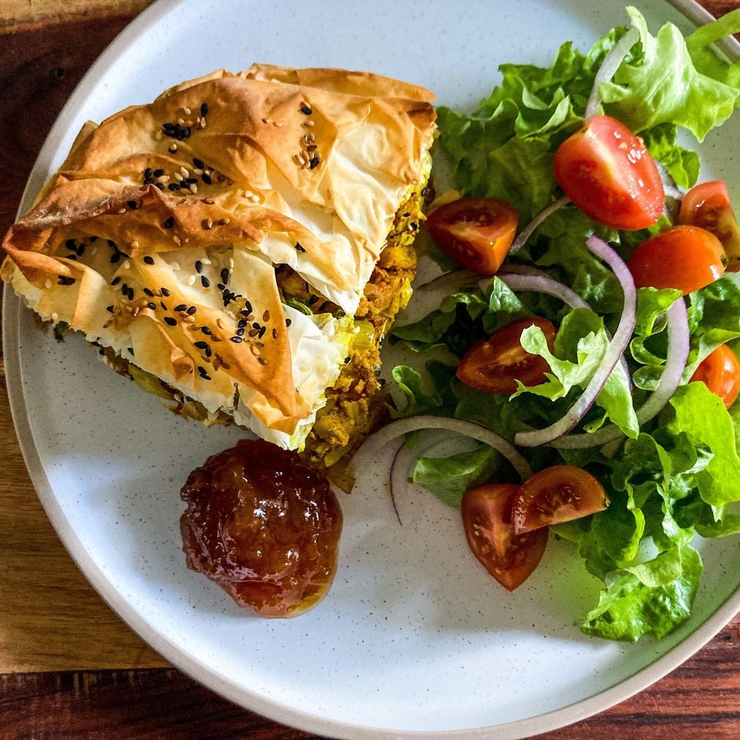 Bombay Potato Filo Pie served up with a salad and mango chutney