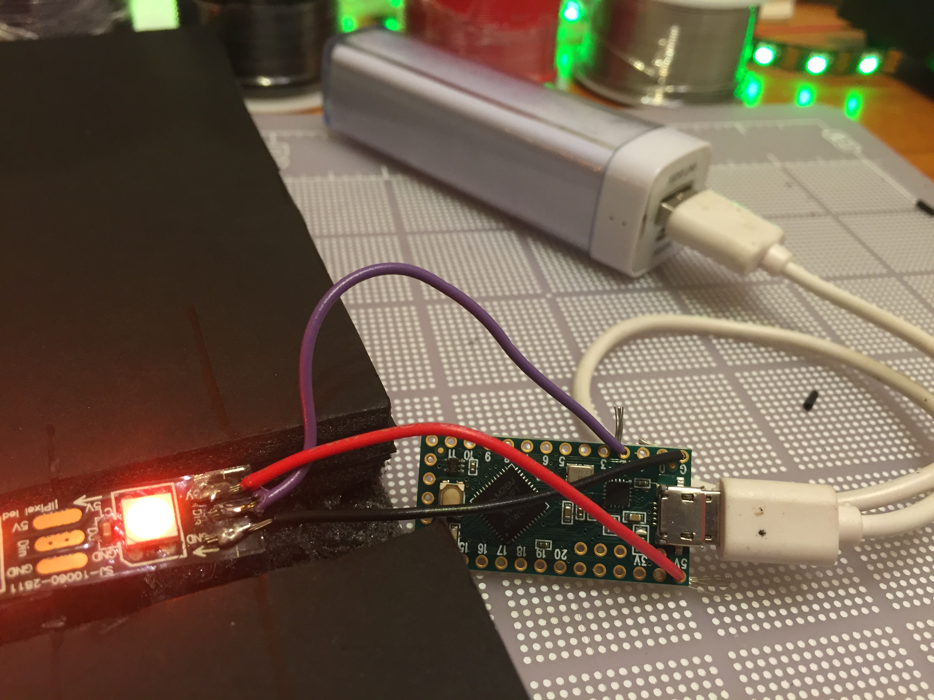 close up of the teensy and the connections to the Neopixel programmable LED's