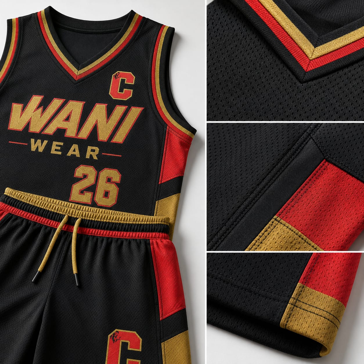 Product feature infographic of a custom black basketball uniform showcasing breathable mesh fabric, reinforced stitching, premium V-neck collar, elastic waistband, side panels, moisture-wicking material, OEM private label customization, and professional sportswear quality by Wani Wear.