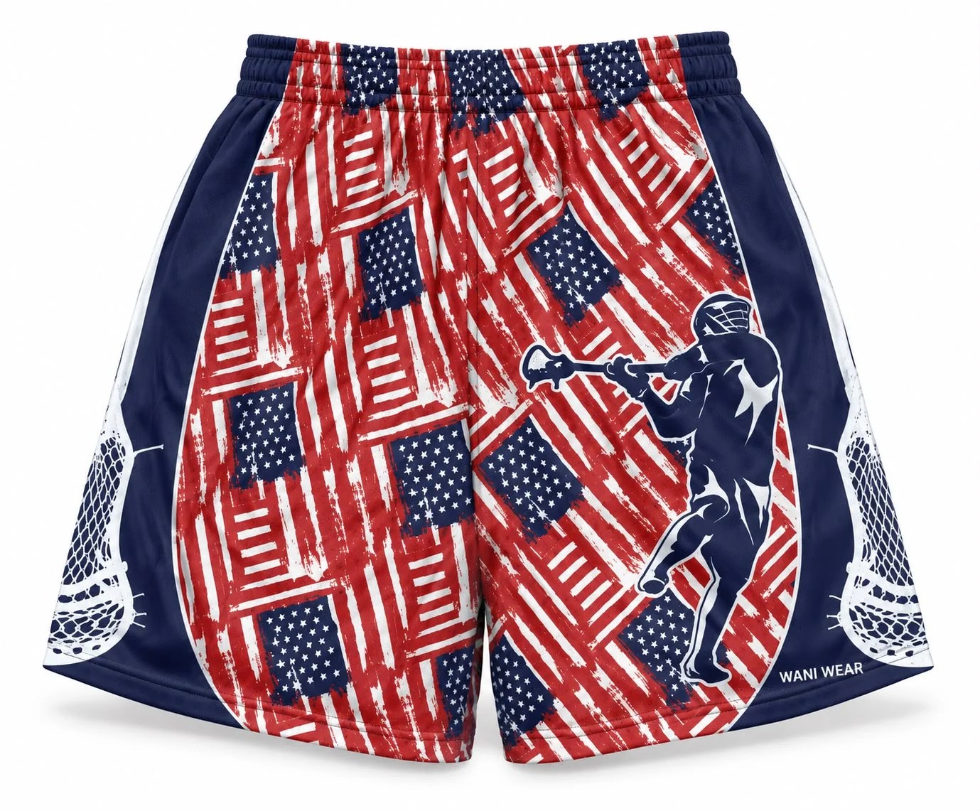 Customized lacrosse shorts front view with red white and navy flag print