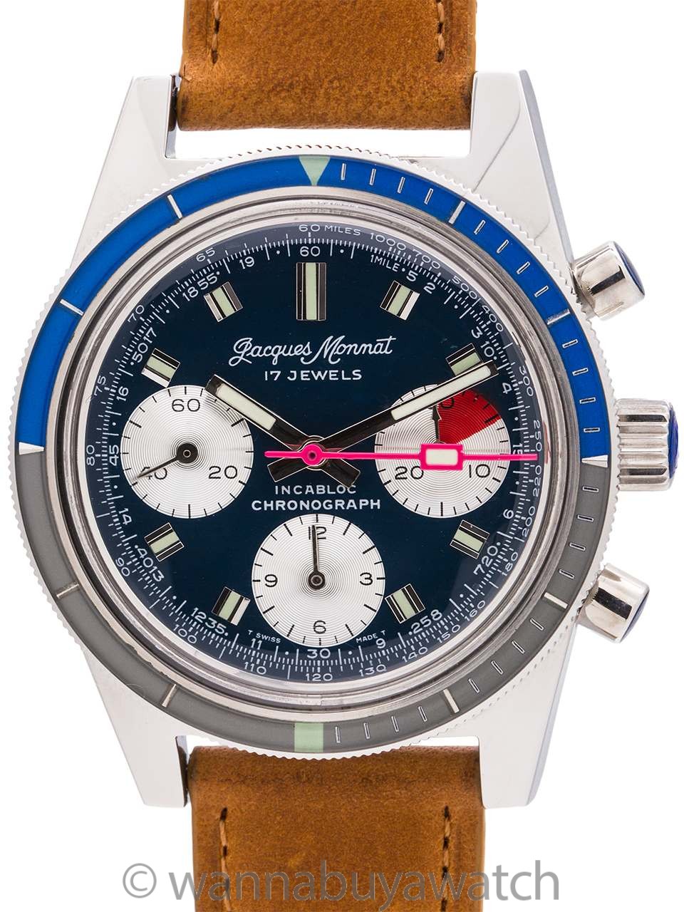 Jacques Monnat Incabloc Chronograph circa 1970's Mint!