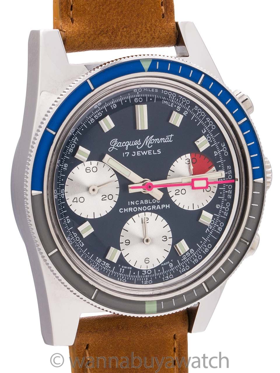Jacques Monnat Incabloc Chronograph circa 1970's Mint!