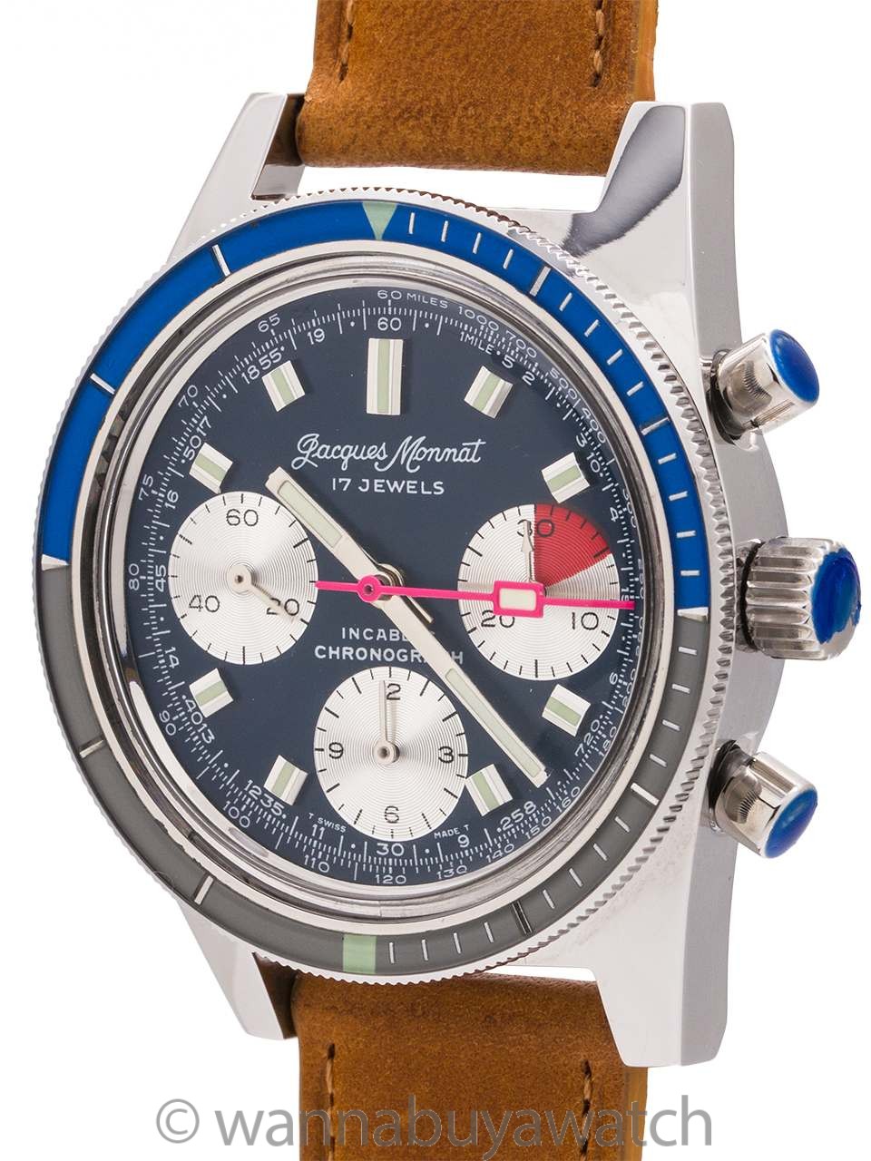 Jacques Monnat Incabloc Chronograph circa 1970's Mint!